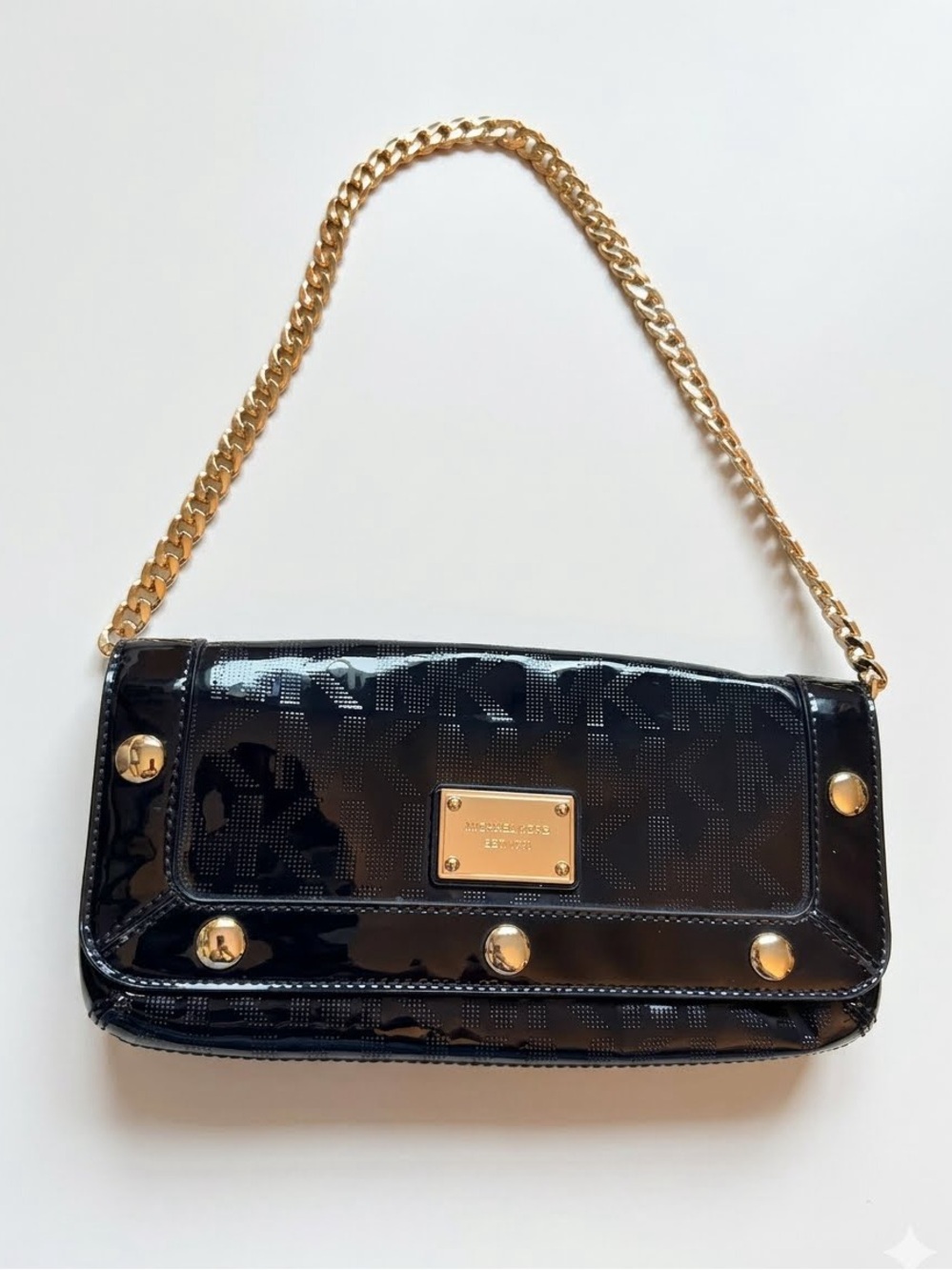 NWT Michael Kors Delancey Signature Patent Leather Studded Clutch Bag